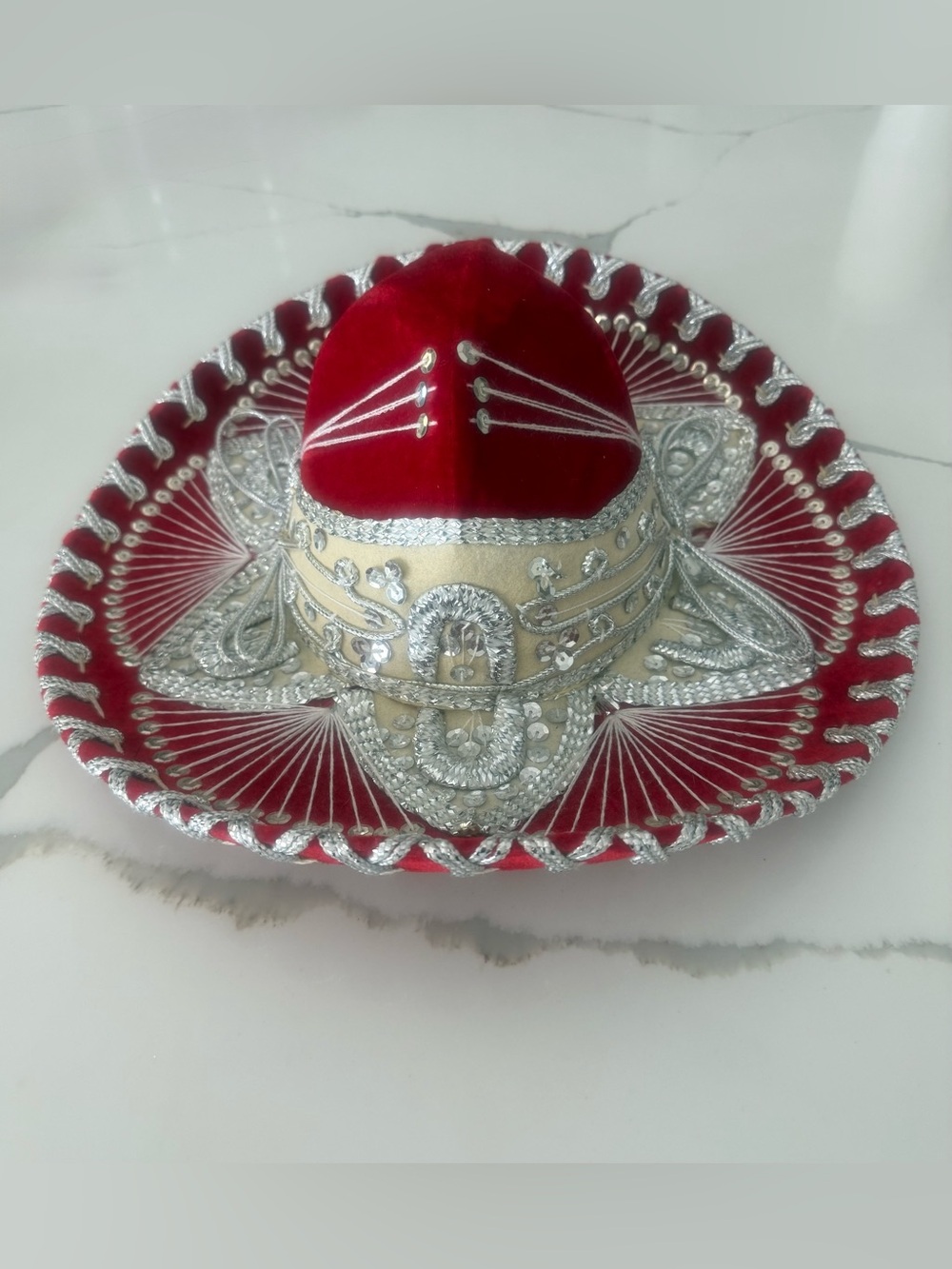 Authentic Mexican Red Velvet  Sombrero Hat with Silver Embroidery